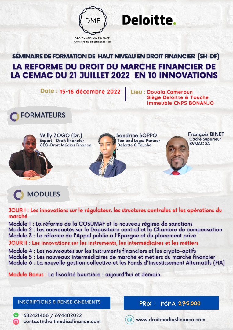 CAMEROUN | SEMINAIRE DE HAUT NIVEAU : Une formation sur les innovations du droit du marché financier CEMAC post-réforme en date du 15 décembre 2022